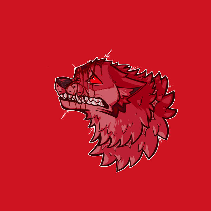 A stylized line headshot of a bleeding canine with a fearful expression in bright red colors