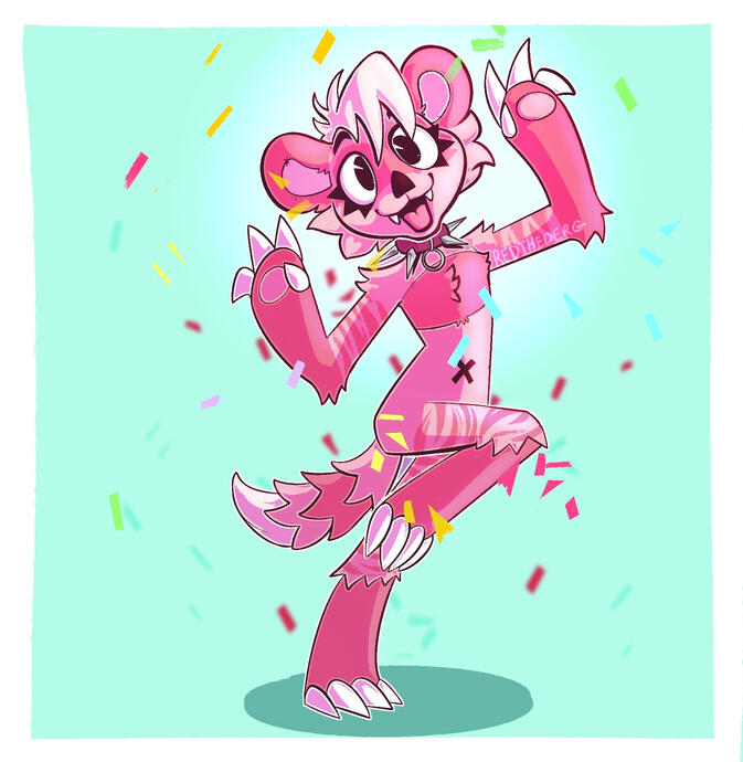A cartoony stylized portrait of a pink furry character