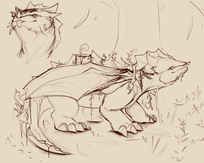 A sketched portrait of a large crab like dragon with viney growths on its spine