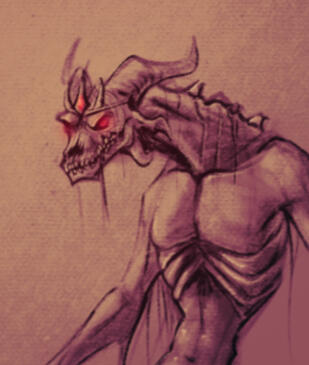 A shaded sketch of a zombified dragon-like creature with glowing red eyes and a red bejeweled crown