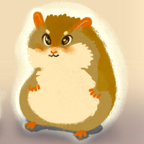 A stylized painting of a cute brown and white hamster character