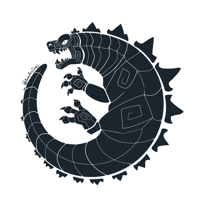 A heavily inked digital portrait of Godzilla curled up in a circle with a fierce snarling expression