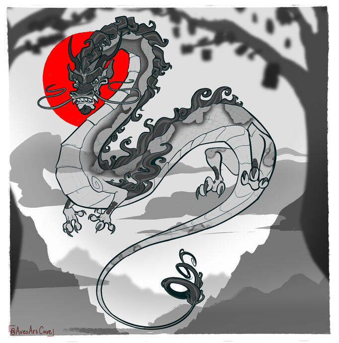 A stylized grayscale portrait of an eastern dragon framed by mountains and trees in front of a bright red circle