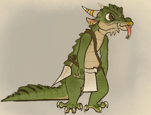 A stylized portrait of a cartoony, alligator inspired roleplay character